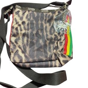 ✨🆕BNWOT!L.A.M.B. X LeSport Sac Leopard Print w/Rasta Stripes Crossbody Bag!RARE